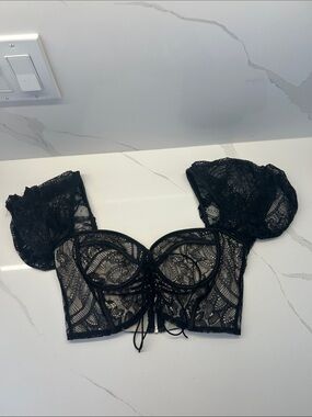Black Lace and Mesh Corset-Style Bralette Crop Top